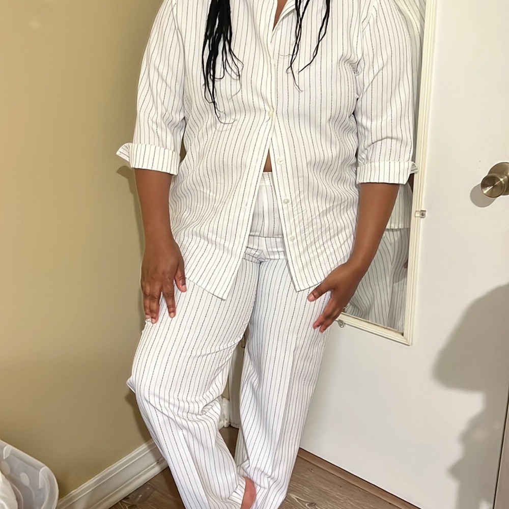 White and Black Striped Pants Suit